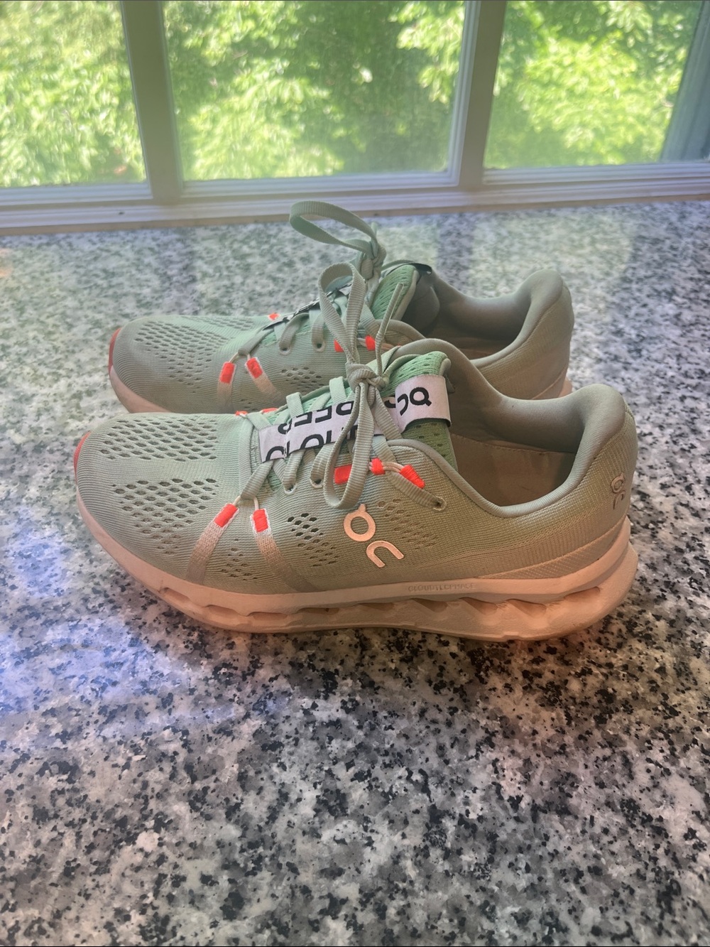 On Running Cloud Surfer Mint Green Sneakers with Coral Accents